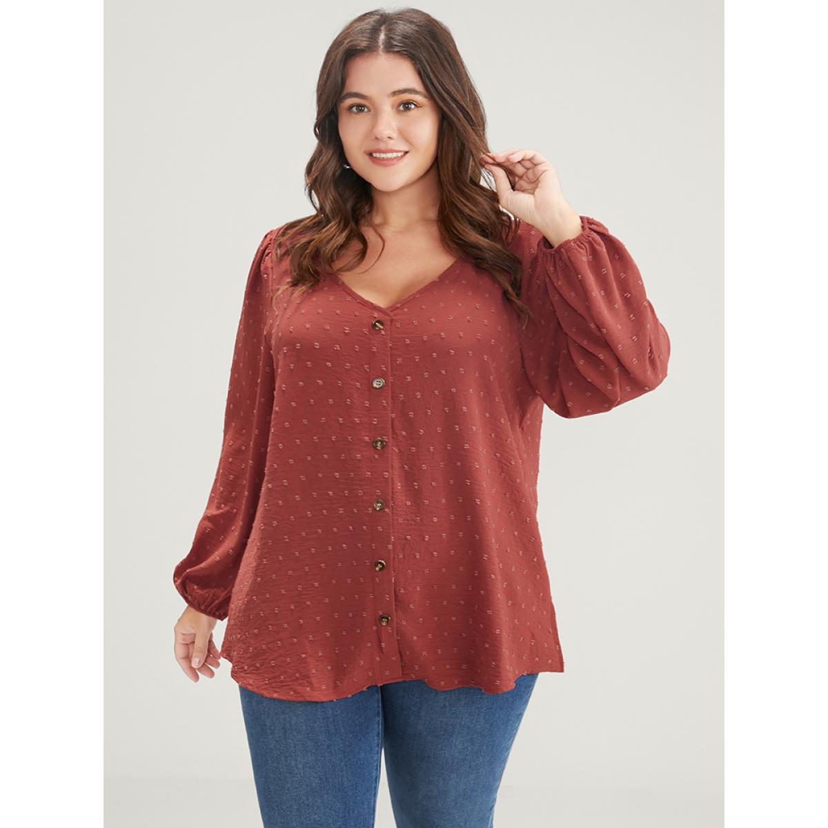 Plus Size Russet Solid Button Lantern Sleeve V Neck Blouse Women Elegant Long Sleeve V-neck Dailywear Blouses BloomChic 14-16/1X Product Image