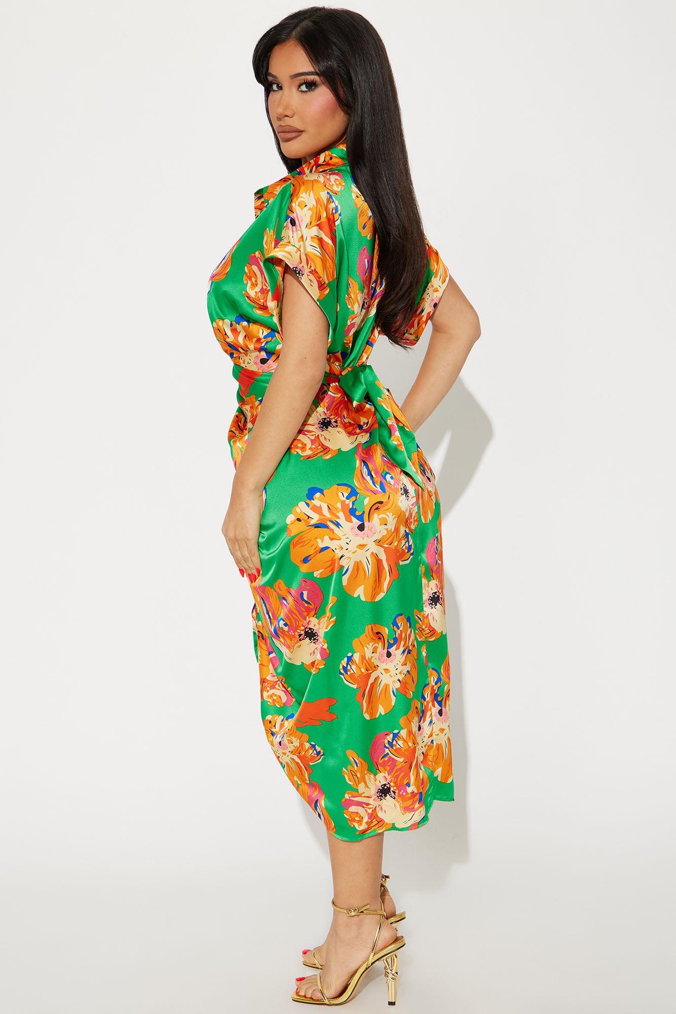 Morning Sunrise Floral Satin Midi Dress - Green/combo Product Image