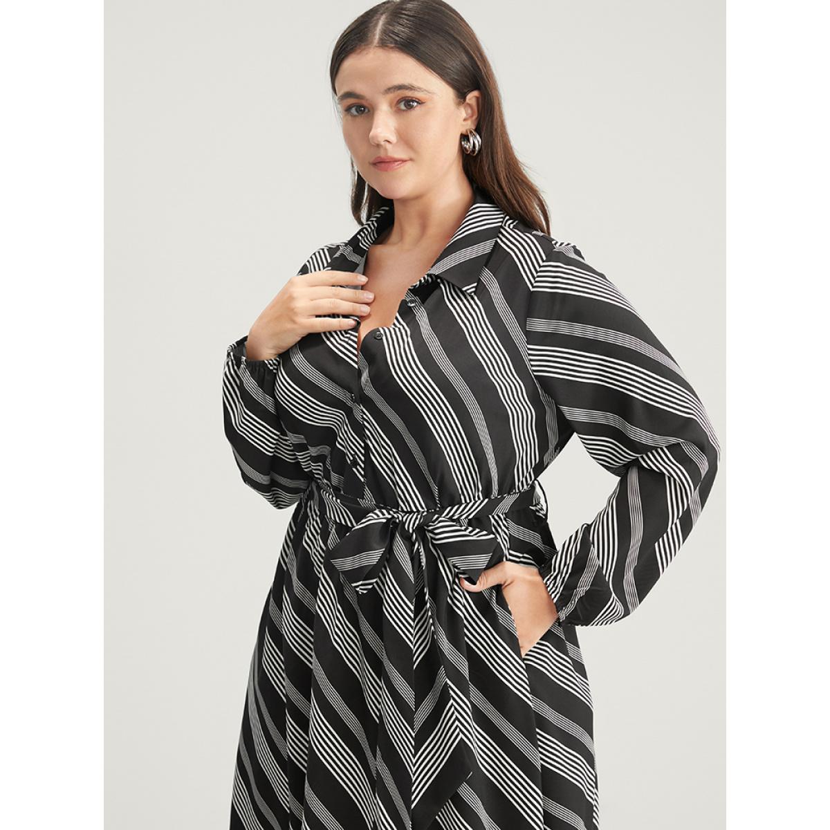 Plus Size Striped Lantern Sleeve Pocket Belted Lapel Collar Dress Black Women Office Belted Lapel Collar Long Sleeve Curvy Midi Dress BloomChic 10/M Product Image