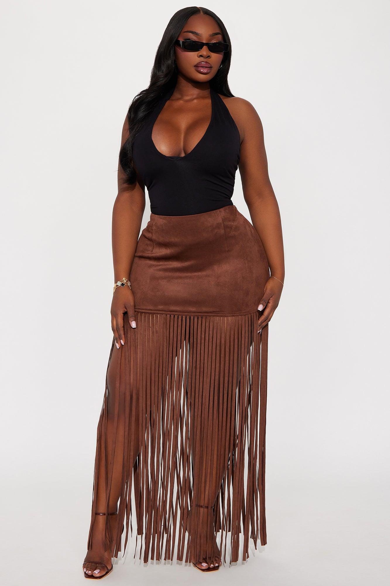 On The Fringe Faux Suede Maxi Skirt - Brown Female Product Image