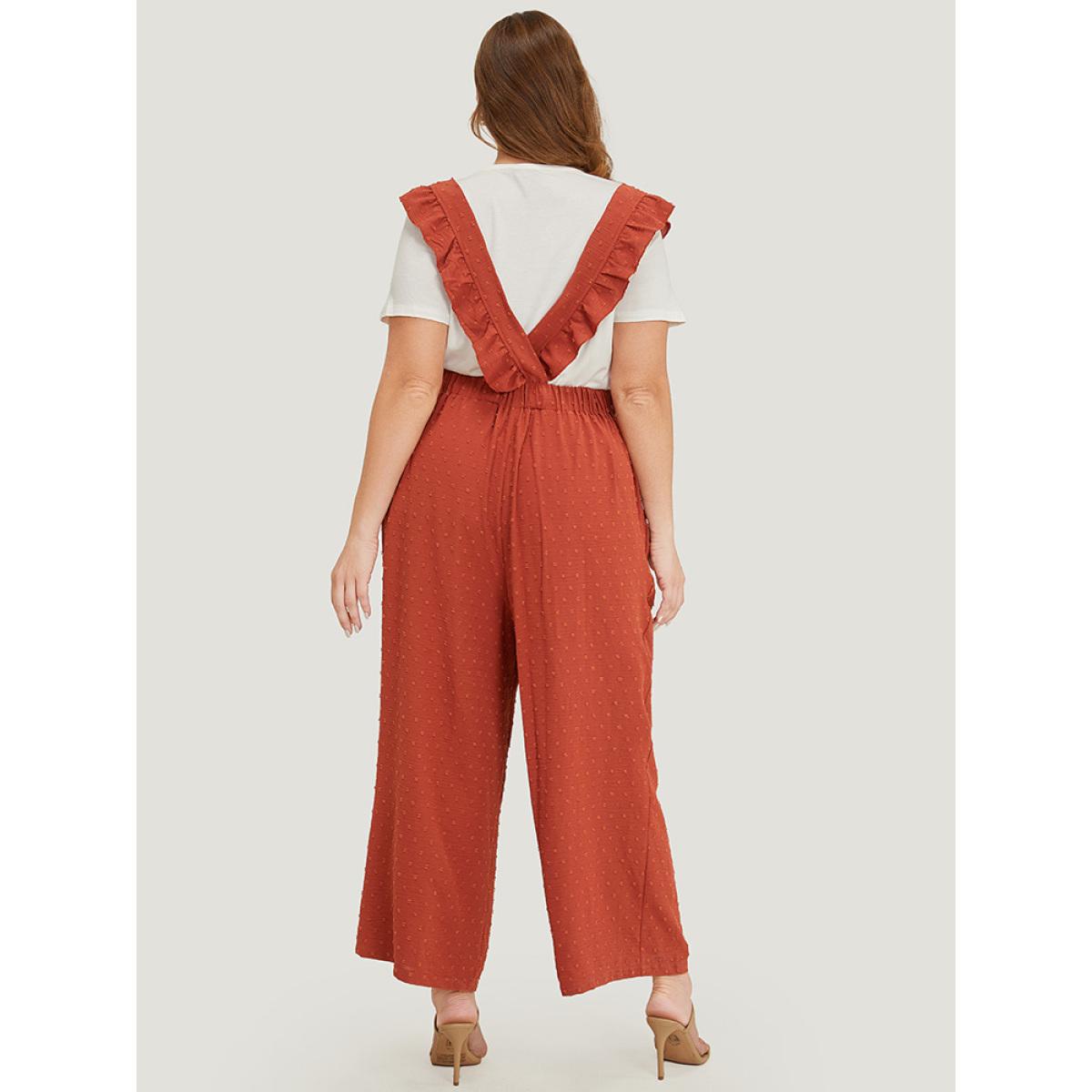 Plus Size Rust Polka Dot Square Neck Pocket Ruffle Trim Overall Jumpsuit Women Elegant Sleeveless Square Neck Dailywear Loose Jumpsuits BloomChic 30/6X Product Image