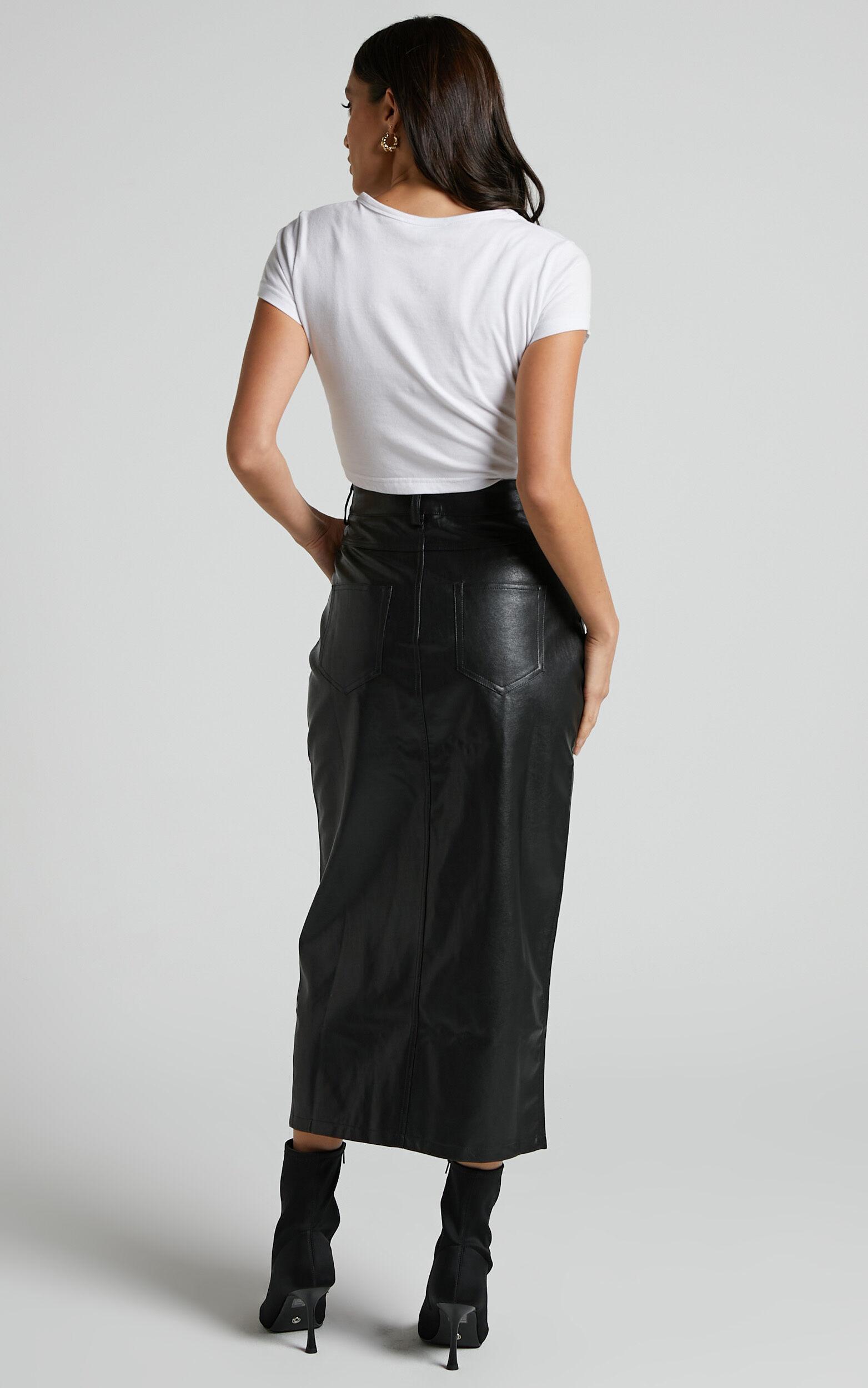 Jules Midi Skirt - Faux Leather High Waisted Front Split Midi Skirt in Black Product Image