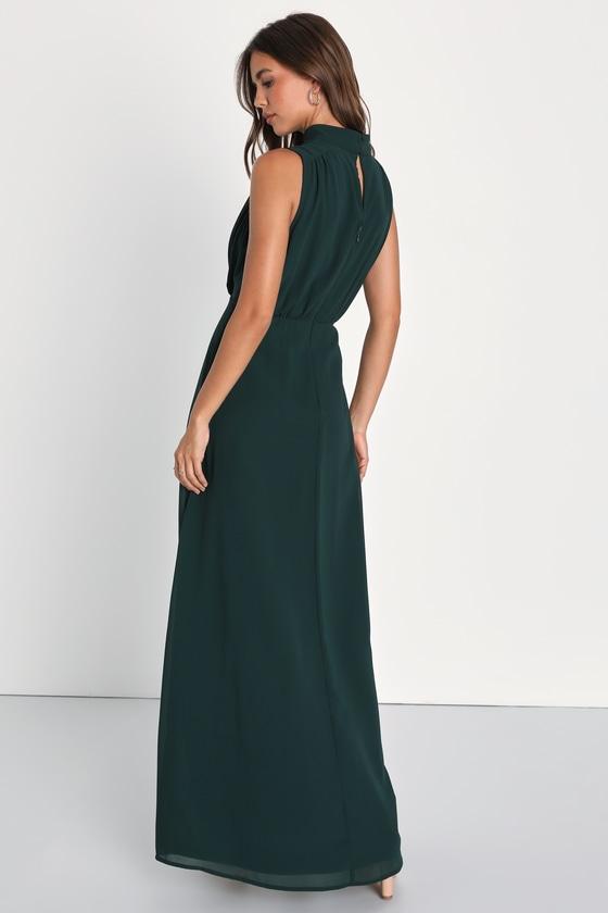 Classic Elegance Emerald Chiffon Sleeveless Mock Neck Maxi Dress Product Image