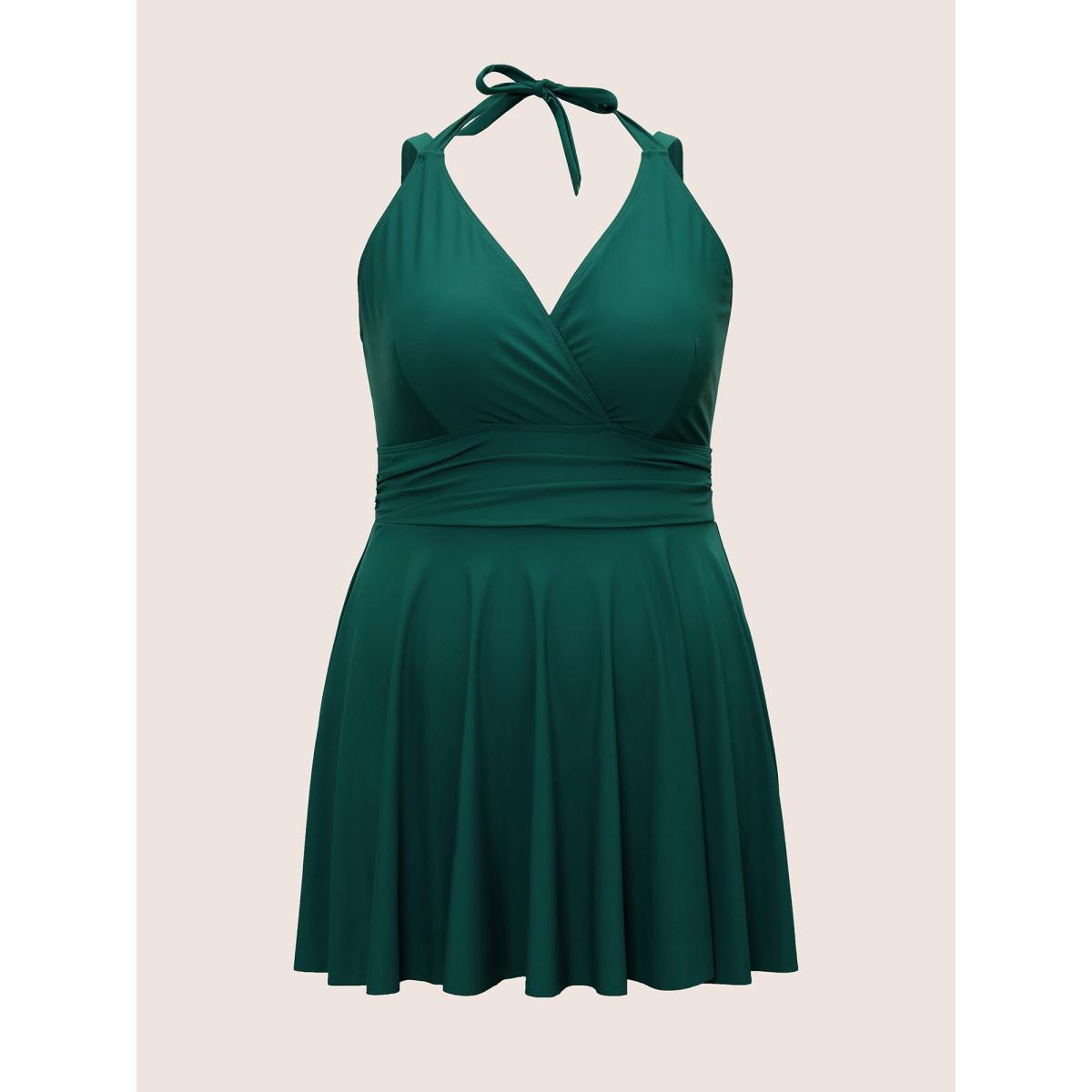 Plus Size Solid Ruffle Hem Empire Waist Halter Neck Swim Dress Women's Swimwear DarkGreen Resort Bodycon Halter neck High stretch Curve Swim Dresses BloomChic 22-24/3X Product Image