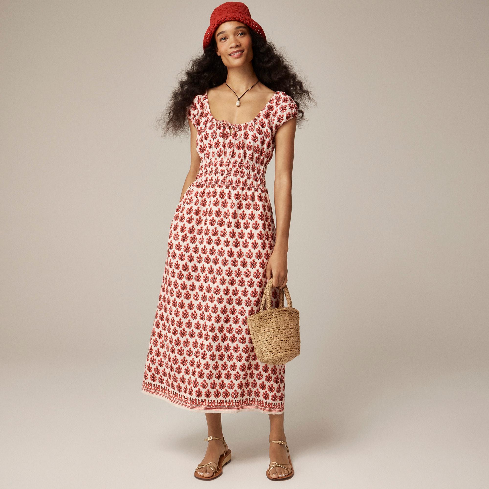 Cap-sleeve midi dress in block print linen Product Image
