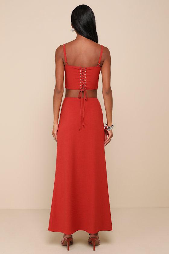 Romance in Rome Terracotta Lace-Up Two-Piece Maxi Dress Product Image