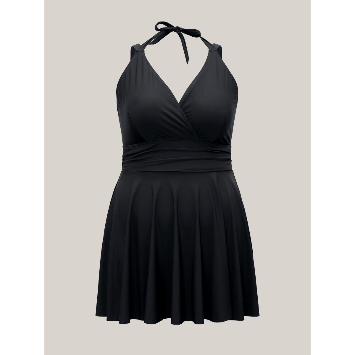 Plus Size Solid Ruffle Hem Empire Waist Halter Neck Swim Dress Women's Swimwear Indigo Resort Bodycon Halter neck High stretch Curve Swim Dresses BloomChic 18-20/2X Product Image