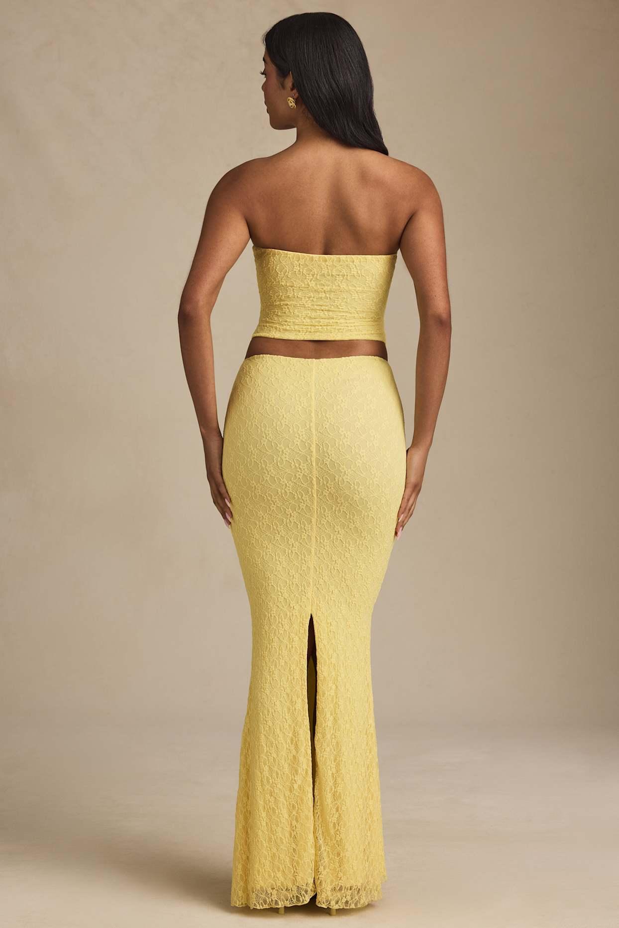 Draped Low-Rise Lace Maxi Skirt in Pastel Yellow Product Image
