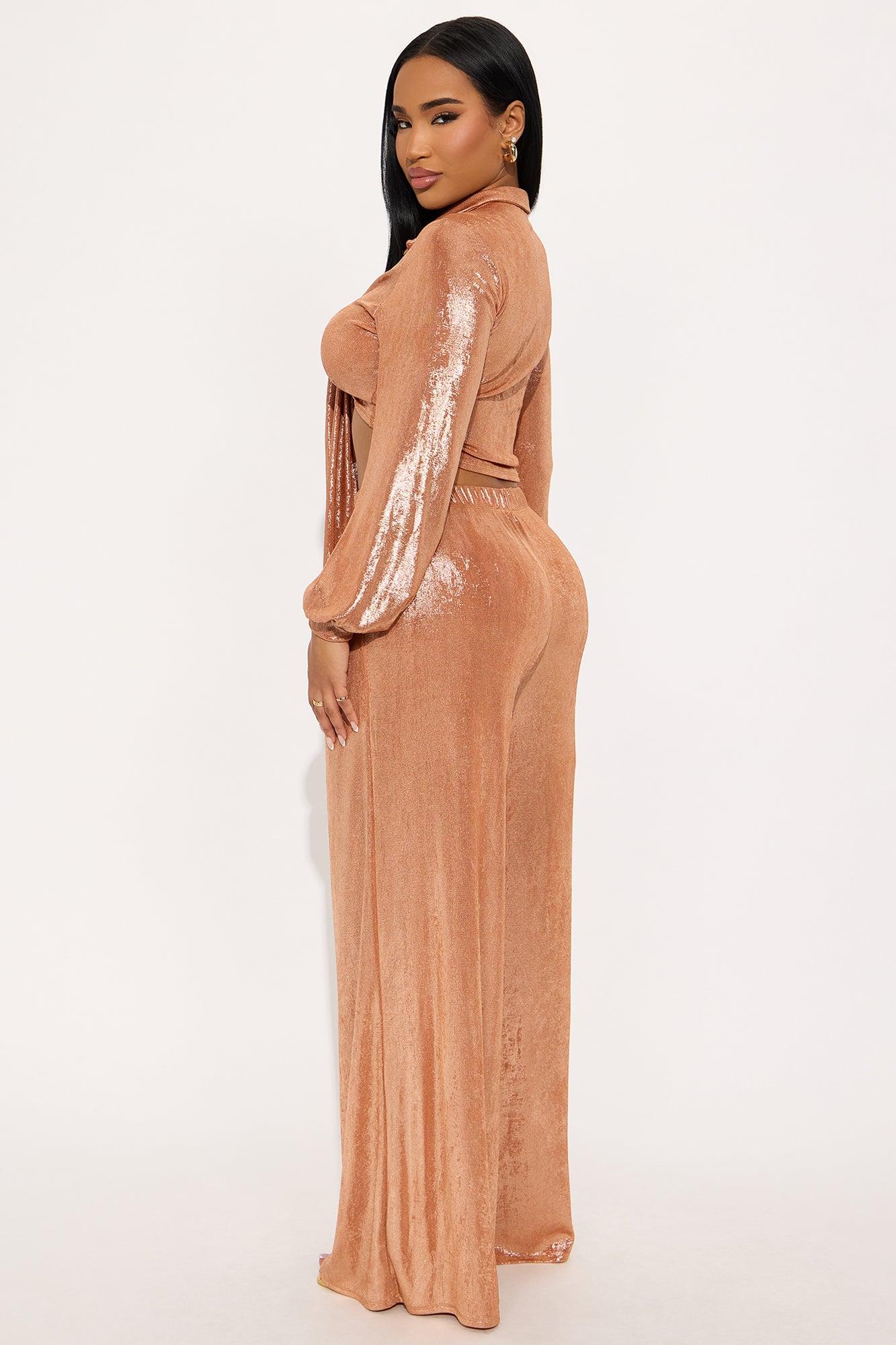 Arlene Metallic Slinky Wide Leg Pant Set - Rose Gold Female Product Image