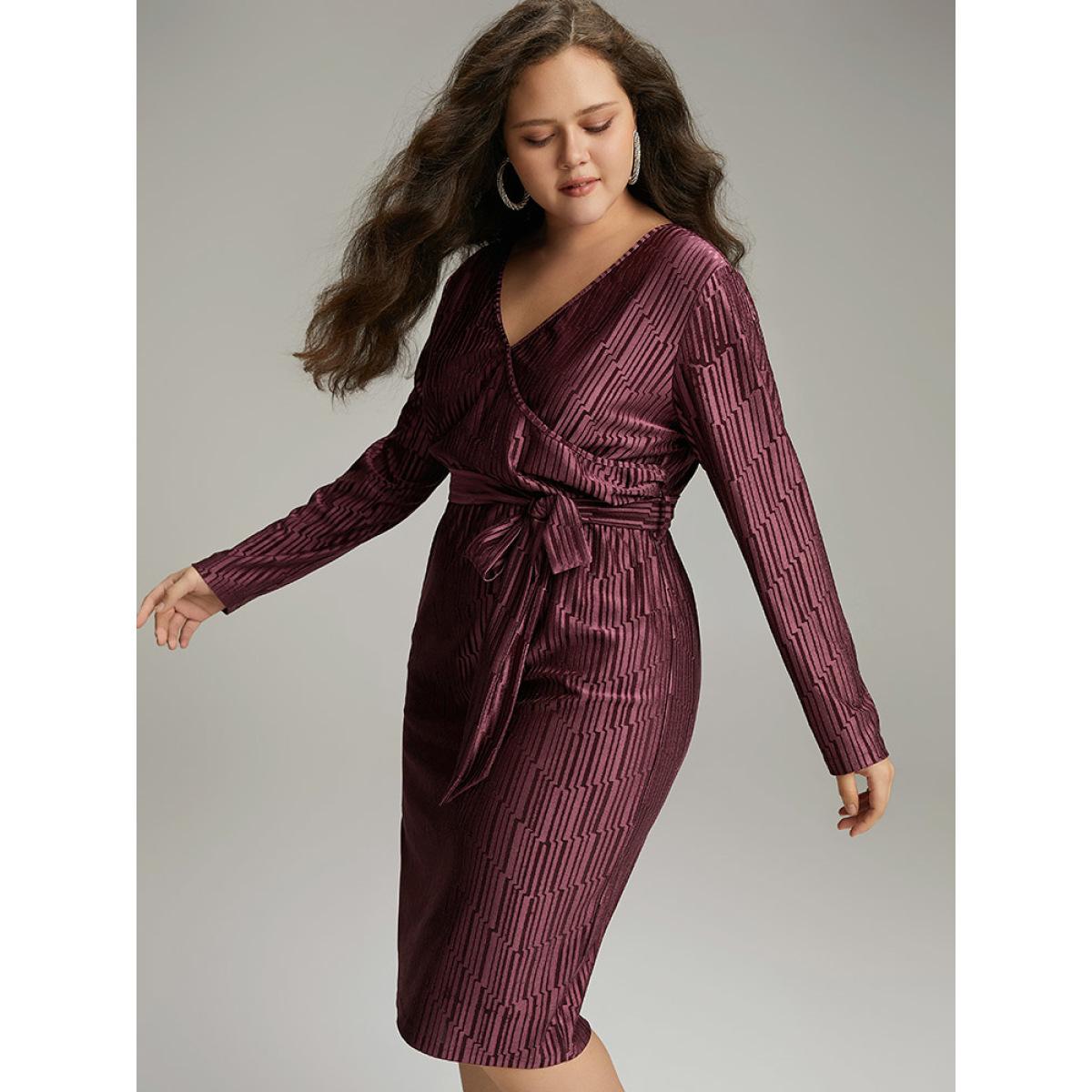 Plus Size Geometric Velvet Belted Split Hem Dress RedViolet Women Cocktail Wrap Overlap Collar Long Sleeve Curvy Knee Dress BloomChic 18-20/2X Product Image