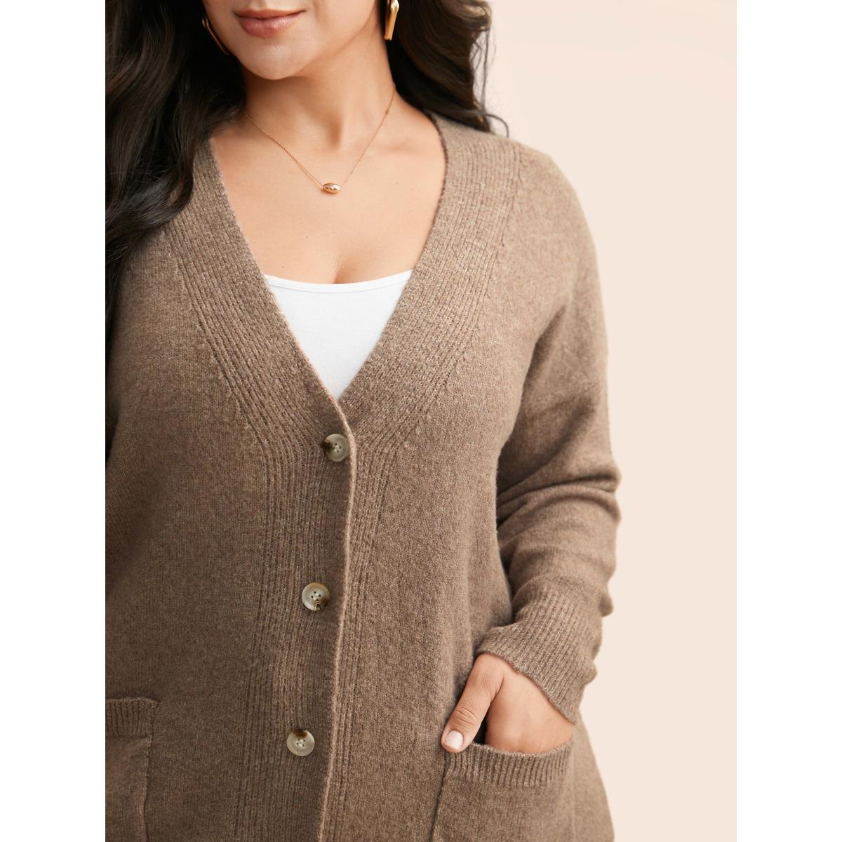 Plus Size Airy Cozy V Neck Cardigan Tan Women Basics Loose Long Sleeve Everyday Cardigans BloomChic 26/4X Product Image