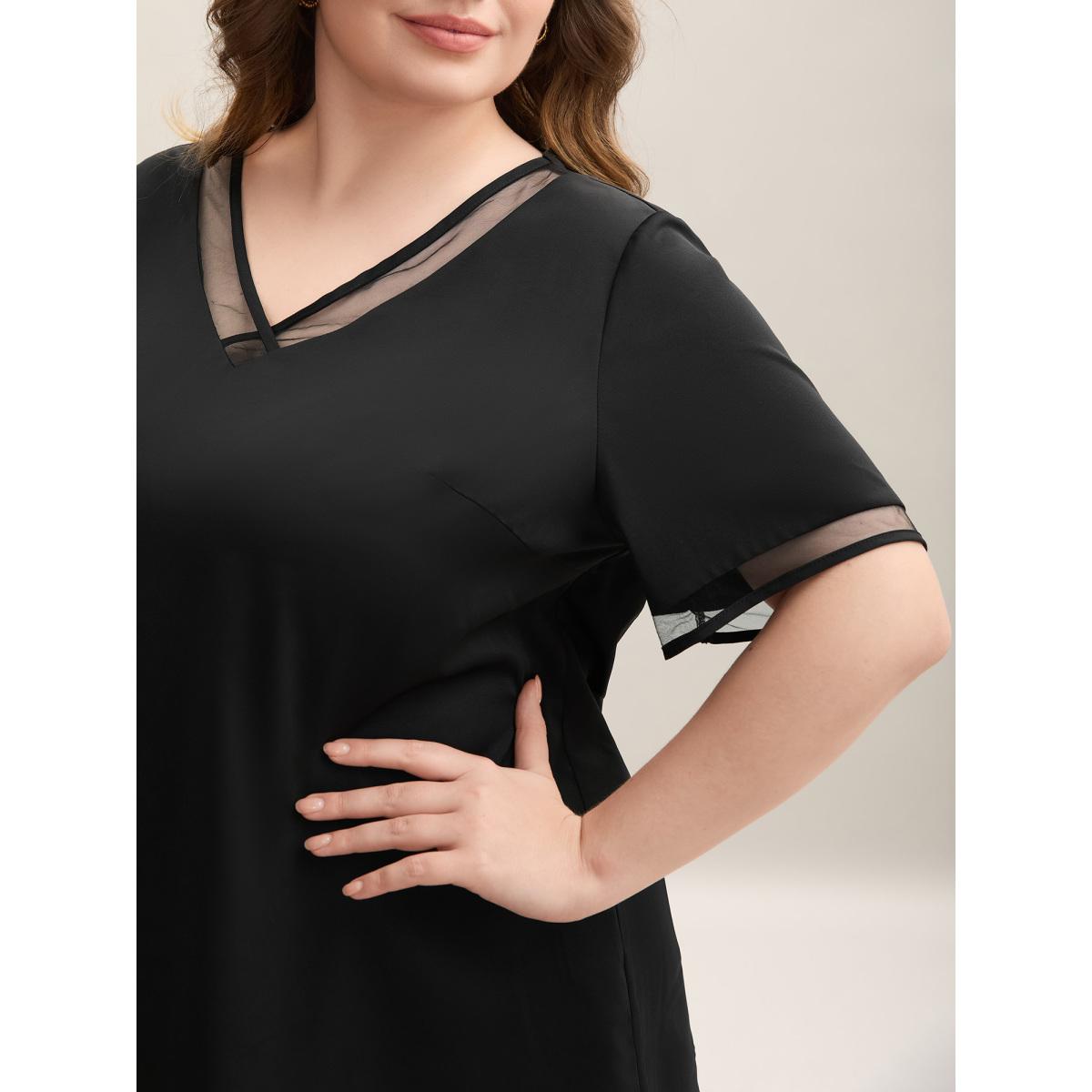 Plus Size Black Sheer Spliced Mesh V-Neck Top Women Elegant Short sleeve V-neck Everyday Blouses BloomChic 22-24/3X Product Image