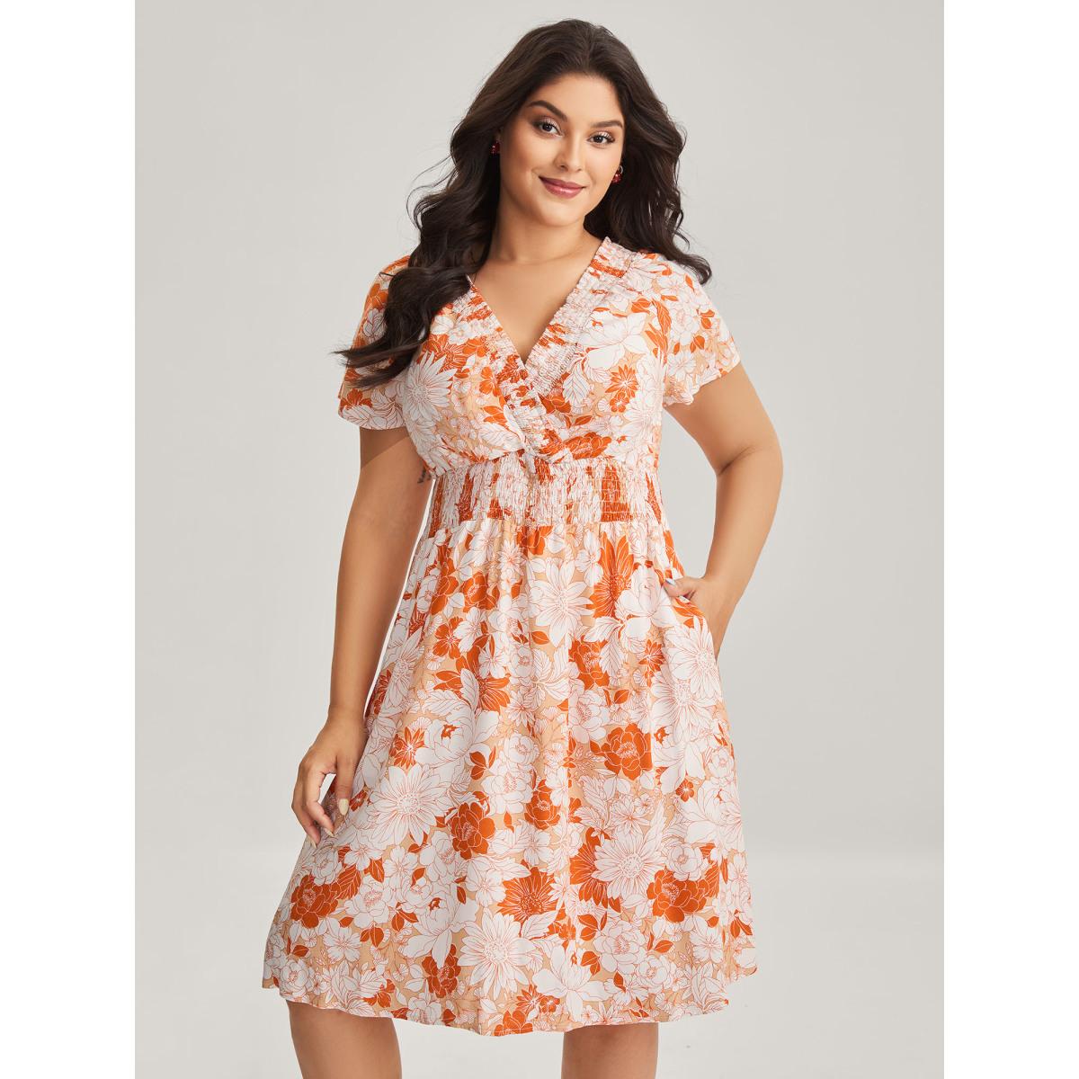 Plus Size Shirred Neck Floral Print Midi Dress Brightorange Women V-neck Cap Sleeve Curvy BloomChic 26/4X Product Image