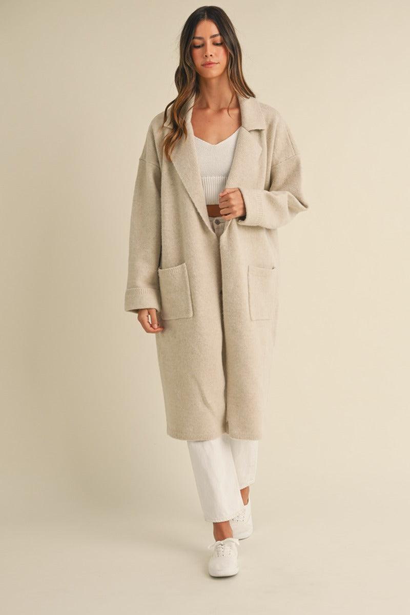 Collared Sweater Knit Long Jacket Product Image