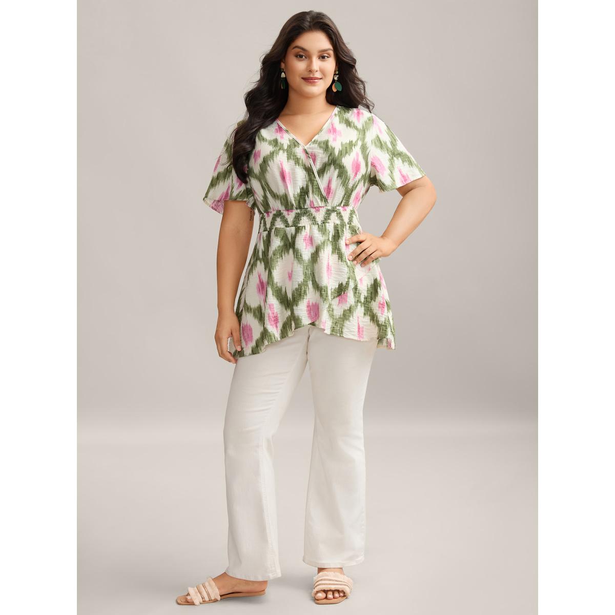 Plus Size Multicolor Tie-Dye Shirred Waist Pockets Blouse Women Short sleeve Overlap Collar Vacation Blouses BloomChic 30/6X Product Image