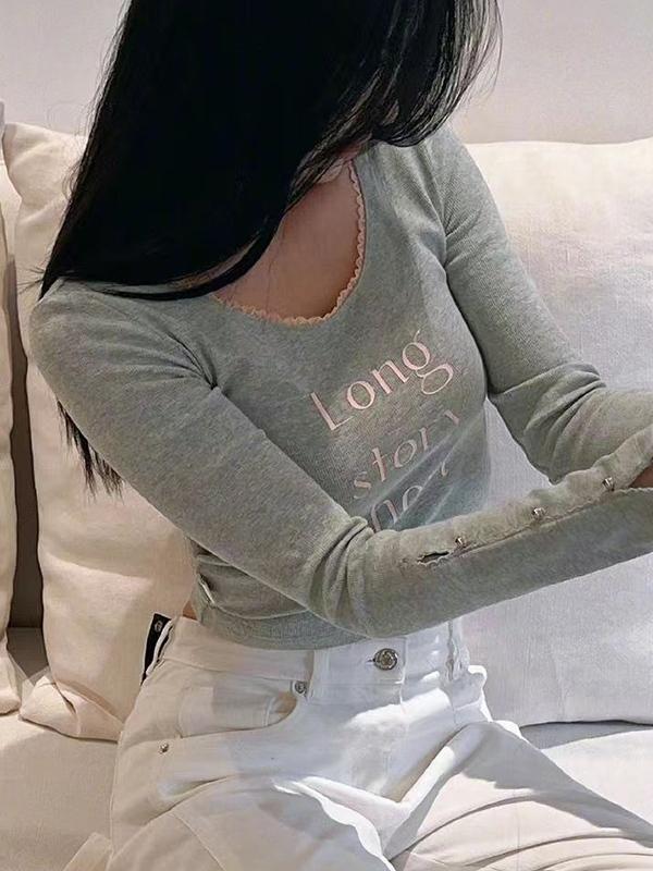 Lace Trim U Neck Crop Long Sleeve Knit Product Image