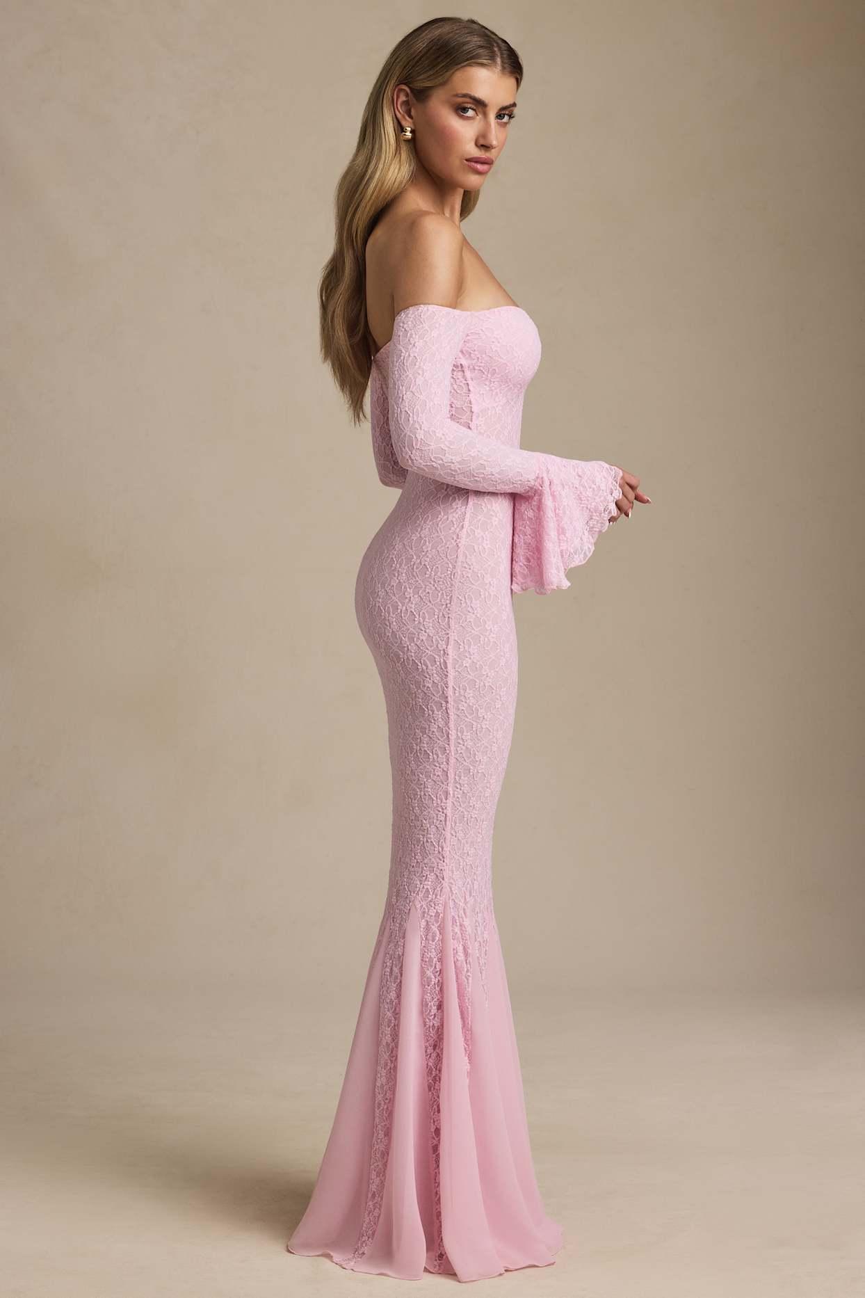 Off-Shoulder Ruffle Lace Maxi Dress in Soft Pink Product Image