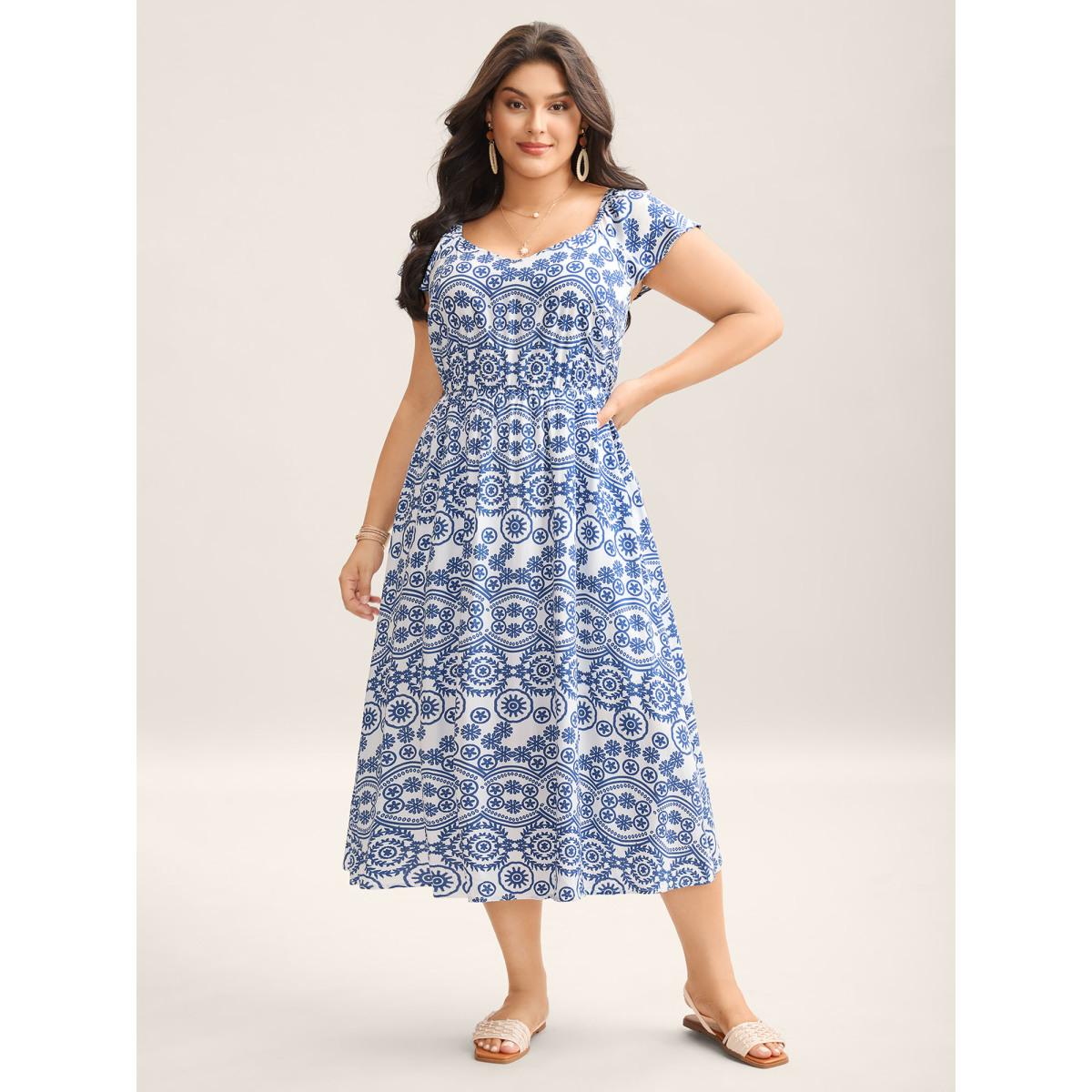 Plus Size Geometric Print Pockets Flowy Midi Dress DarkBlue Women Boho Heart neckline Cap Sleeve Curvy BloomChic 12/L Product Image