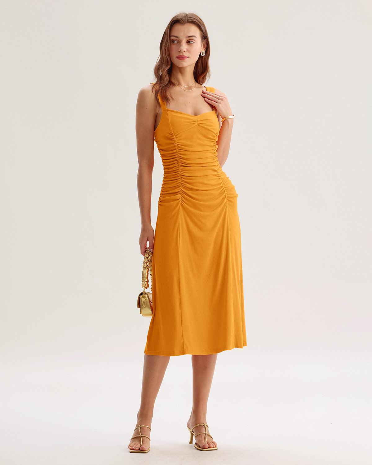 Orange Ruched Knitted Slip Midi Dress Product Image