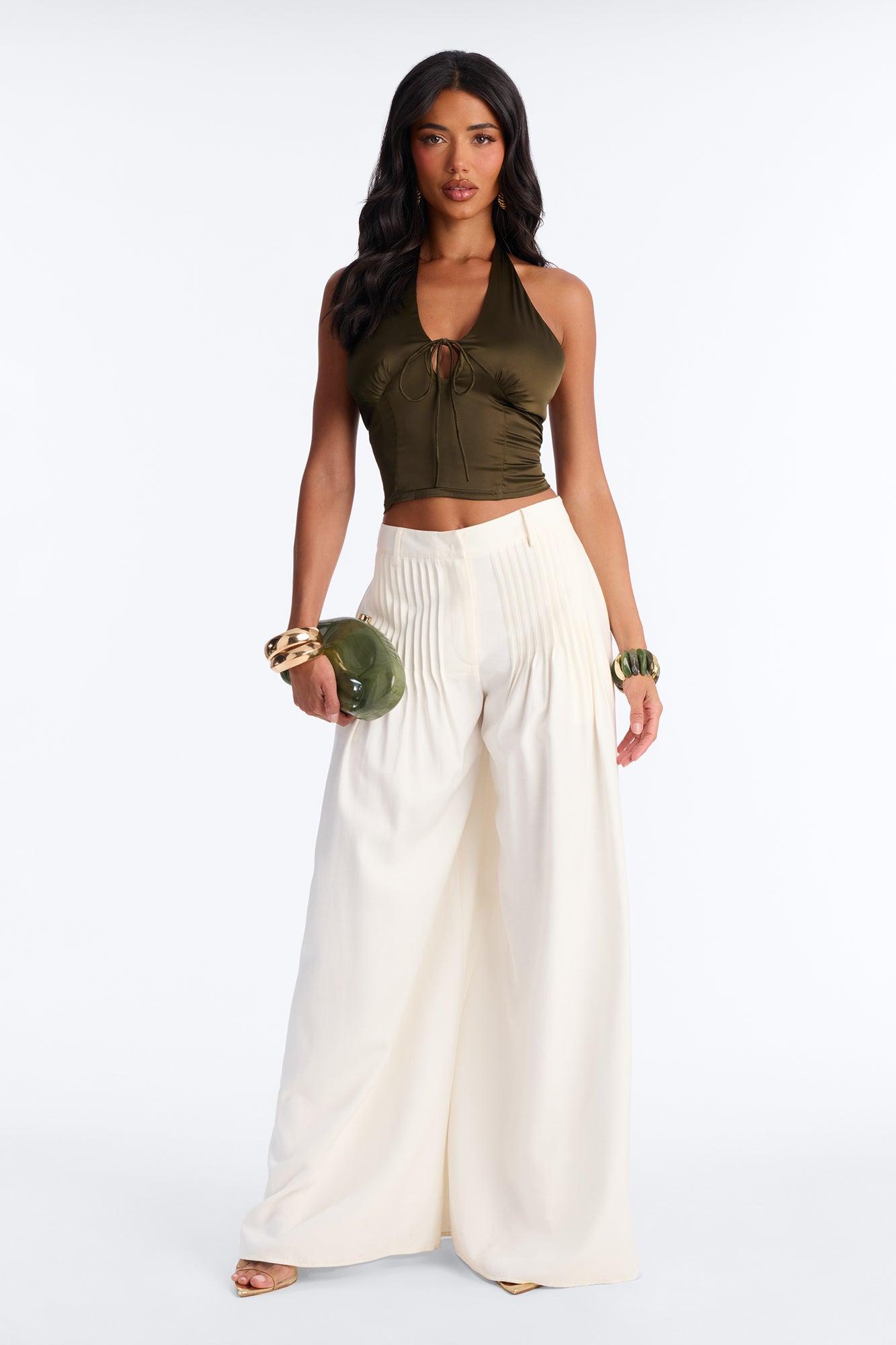 Midnight Mischief Tie Front Satin Halter Top - Dark Olive Female Product Image