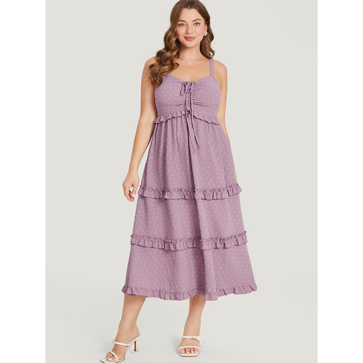 Plus Size Plain Drawstring Ruched Pocket Ruffle Trim Cami Dress Mauve Women Elegant Adjustable Straps Spaghetti Strap Sleeveless Curvy Midi Dress BloomChic 14-16/1X Product Image