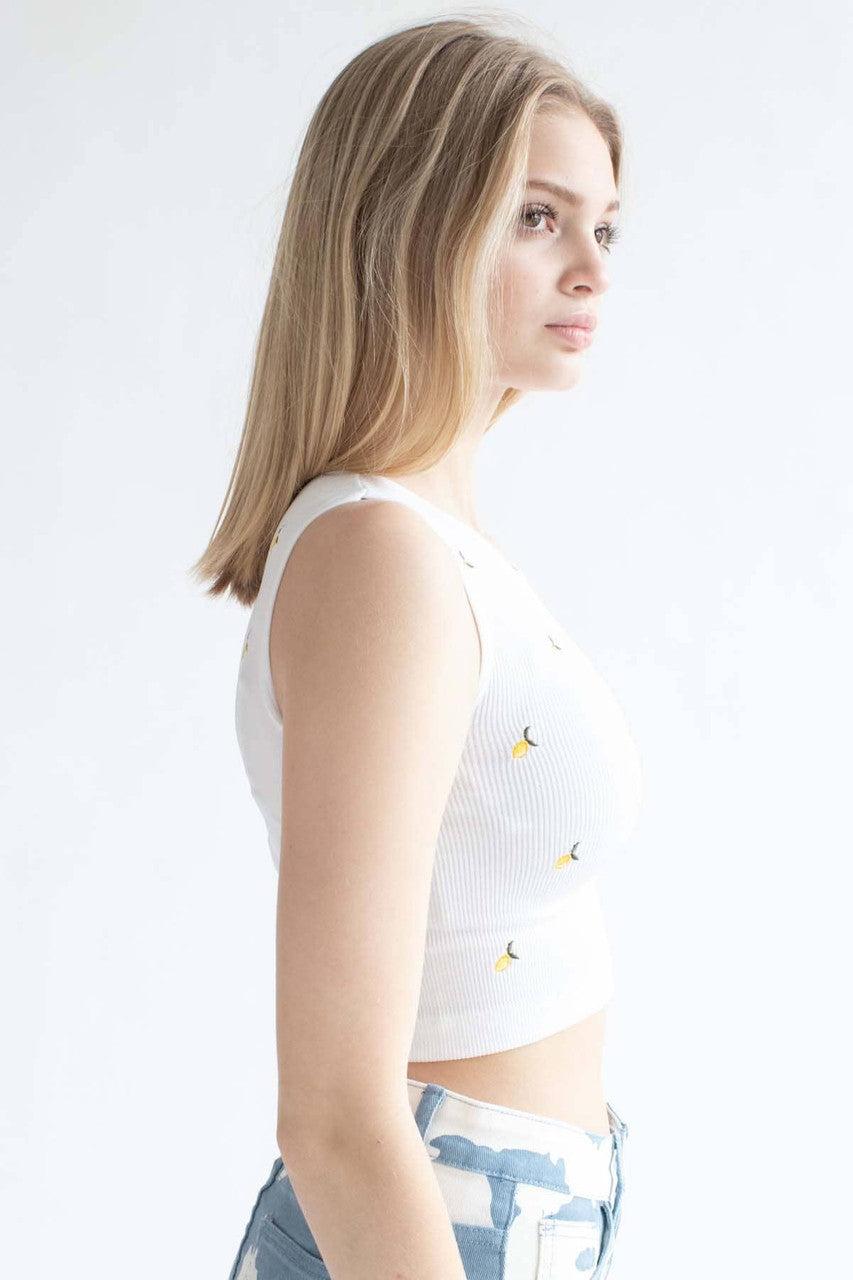 White Embroidered Lemons Seamless Notch Tank Product Image