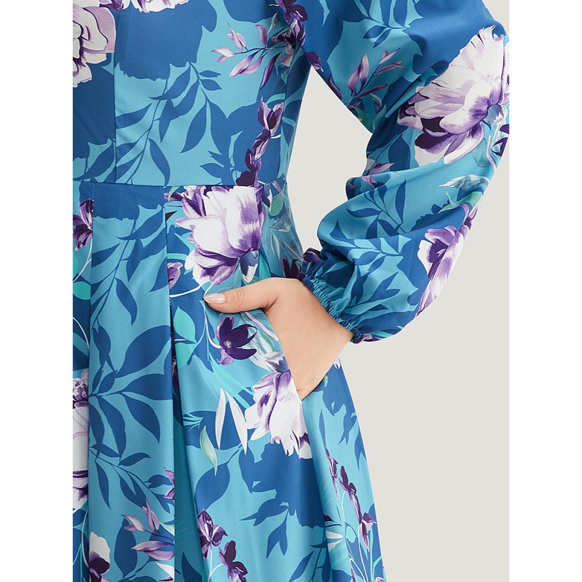 Plus Size Floral Print Pleated Flutter Zipper Dress Multicolor Women Office Elastic cuffs V-neck Long Sleeve Curvy Midi Dress BloomChic 18-20/2X Product Image