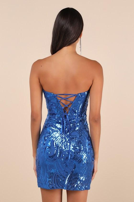 Glamorous Intrigue Royal Blue Sequin Strapless Mini Dress Product Image