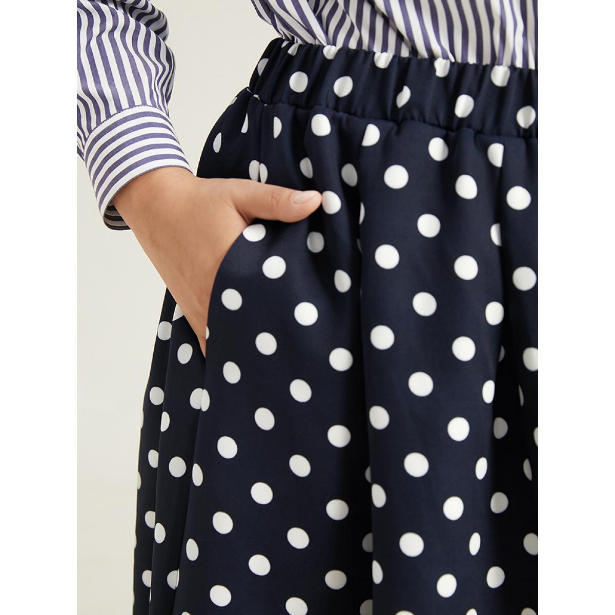 Plus Size Polka Dot Elastic Waist Contrast Skirt Women Indigo Office A-line No stretch Pocket Office Skirts BloomChic 30/6X Product Image