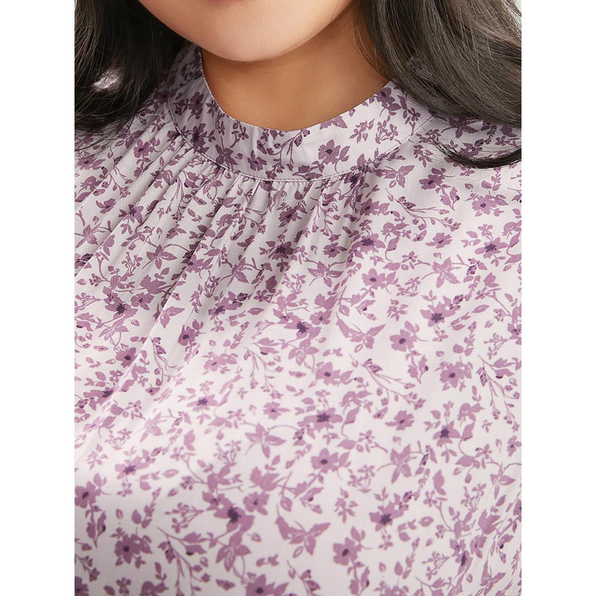 Plus Size Ditsy Floral Keyhole Pocket Belted Mock Neck Ruffles Dress Lavender Women Elegant Pocket Mock Neck Sleeveless Curvy Midi Dress BloomChic 22-24/3X Product Image