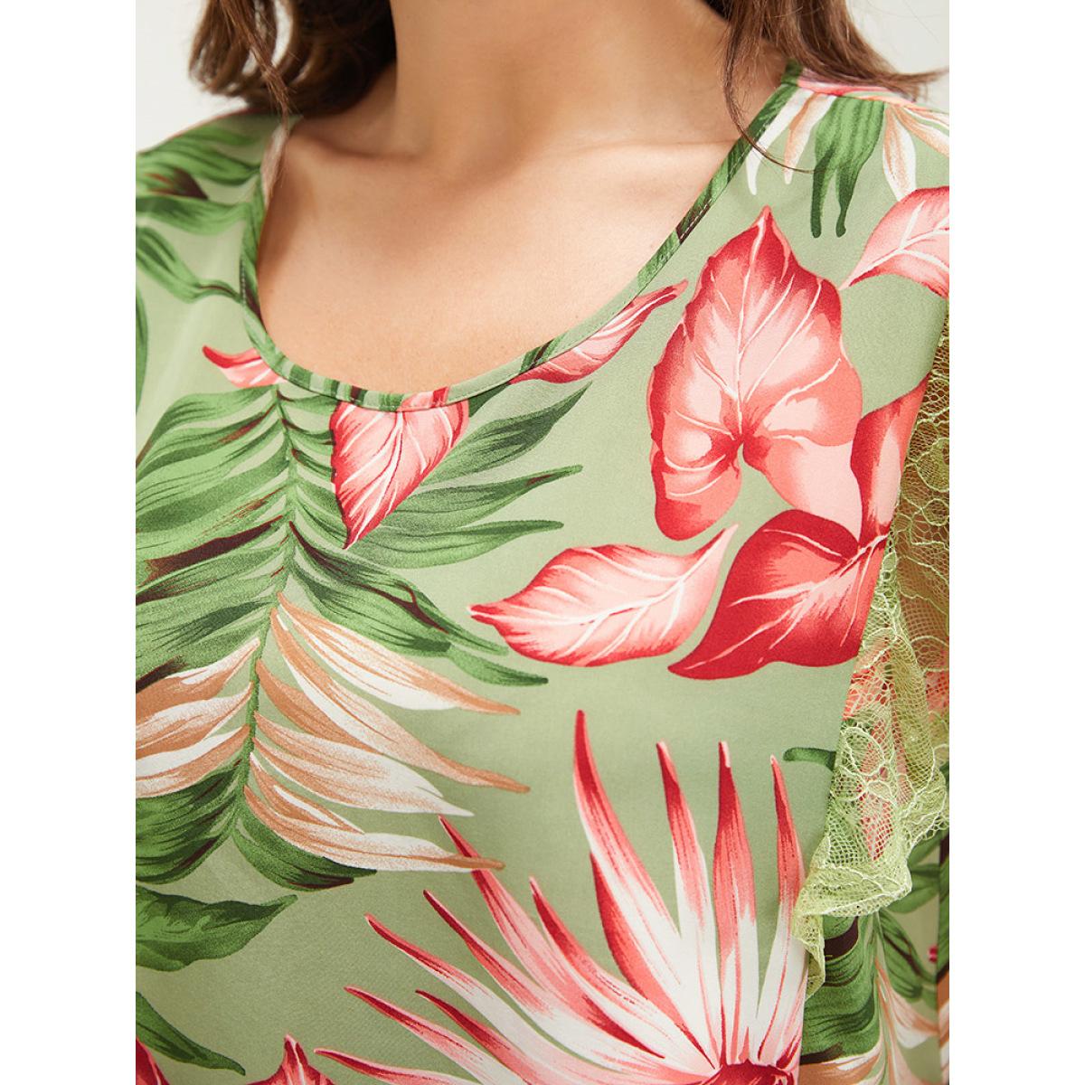 Plus Size Emerald Plant Print Mesh Ruffle Sleeve Blouse Women Elegant Short sleeve Round Neck Dailywear Blouses BloomChic 12/L Product Image