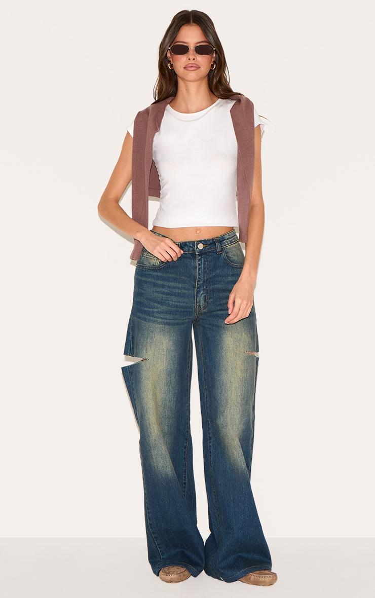 Vintage Wash Thigh Split Detail Wide Leg Jeans Product Image