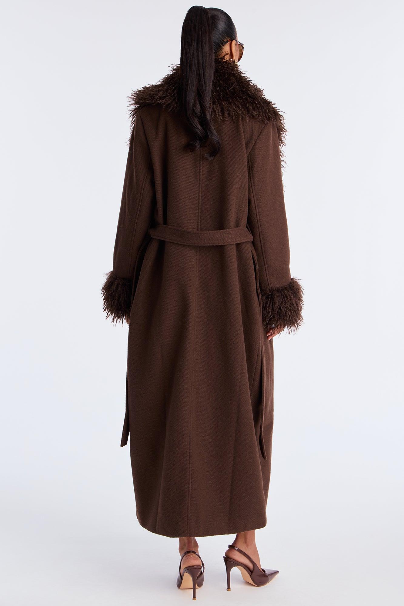 Downtown Manhattan Fur Trim Coat - Dark Brown Female Product Image