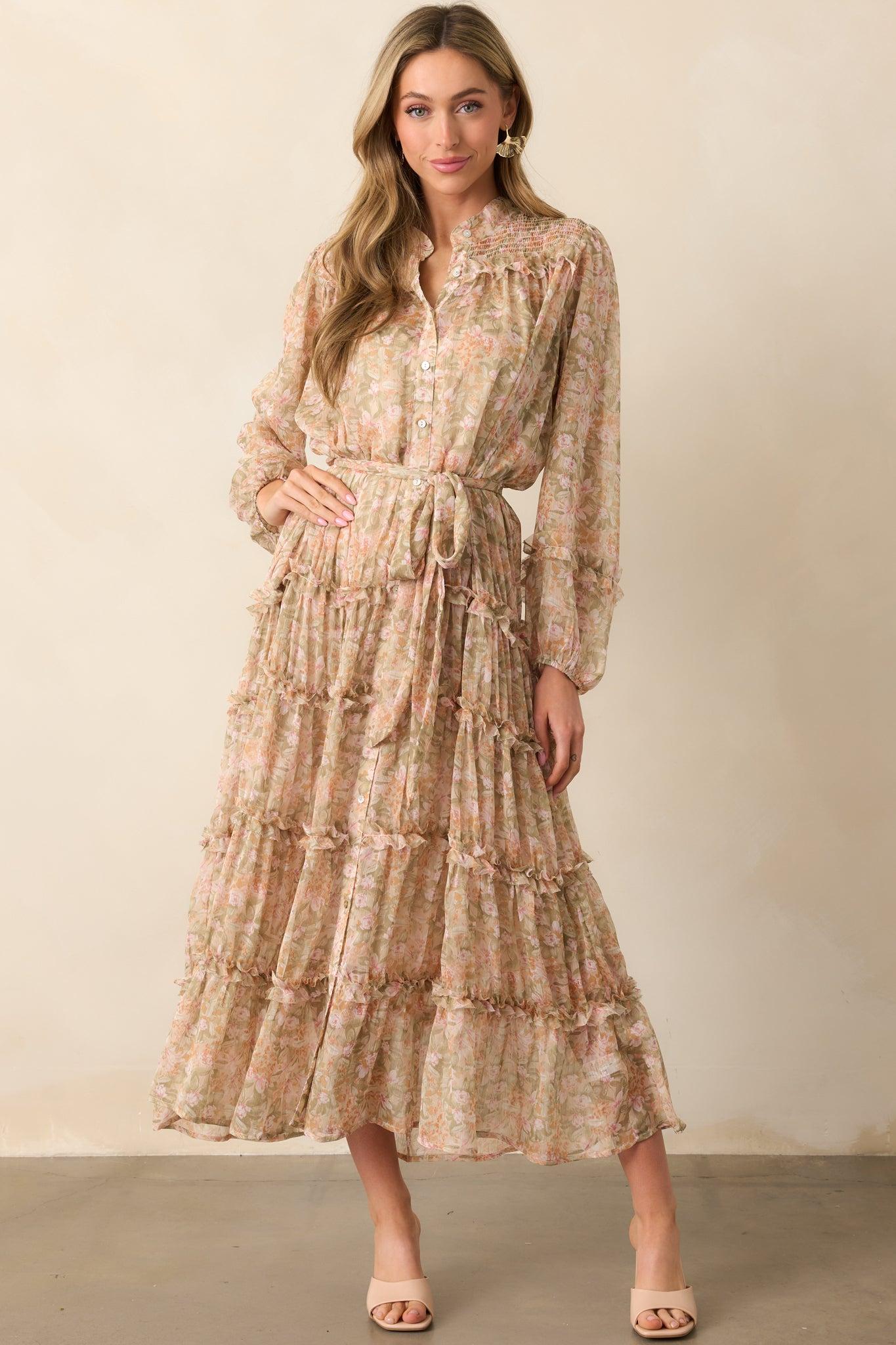 Whisper Of The Wind Blush Floral Long Sleeve Maxi Dress Product Image