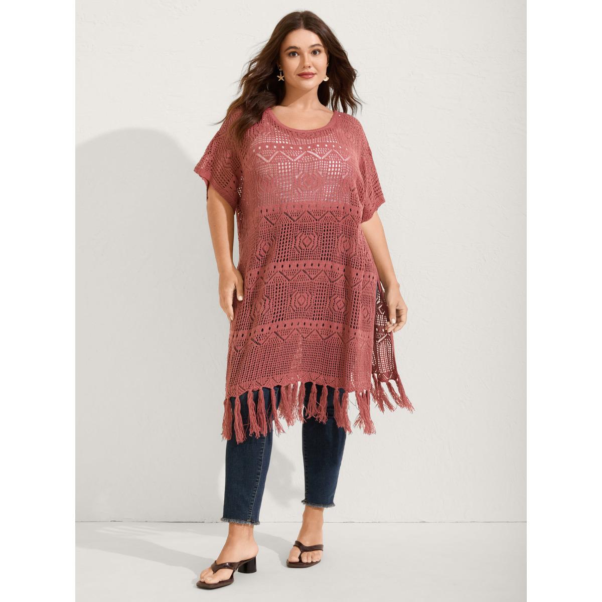 Plus Size Crochet Slit Tassels Swim Cover-Up Women's Swimwear Rust Beach Loose Texture Curve Swim Cover Ups BloomChic 18-20/2X Product Image