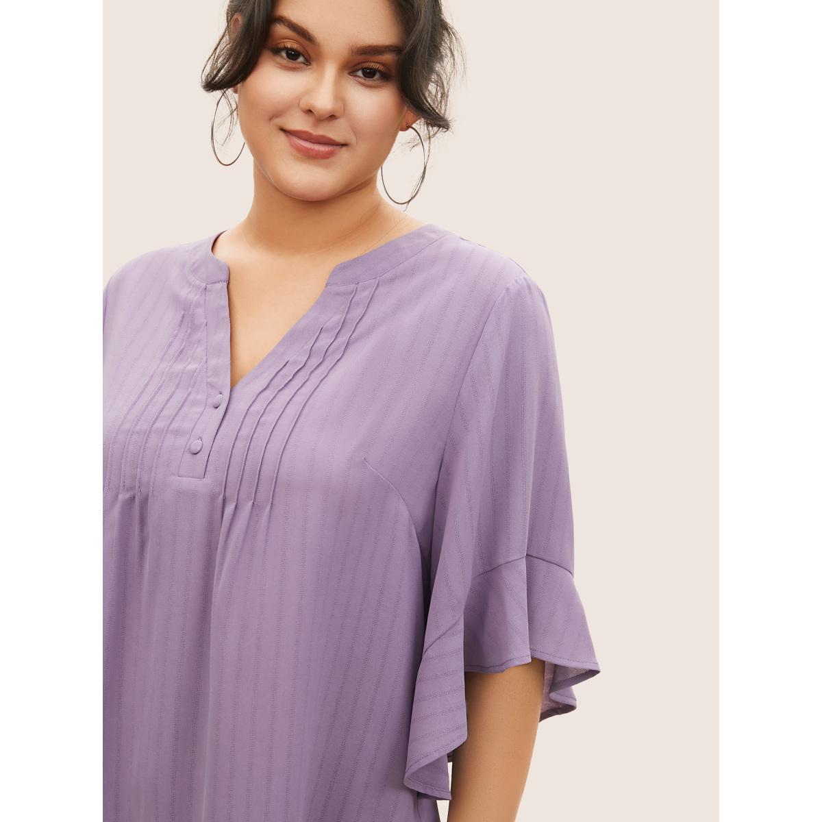Plus Size Mauve Plain Tucked Seam Button Up Flutter Sleeve Blouse Women Work From Home Half Sleeve Flat collar Work Blouses BloomChic 28/5X Product Image