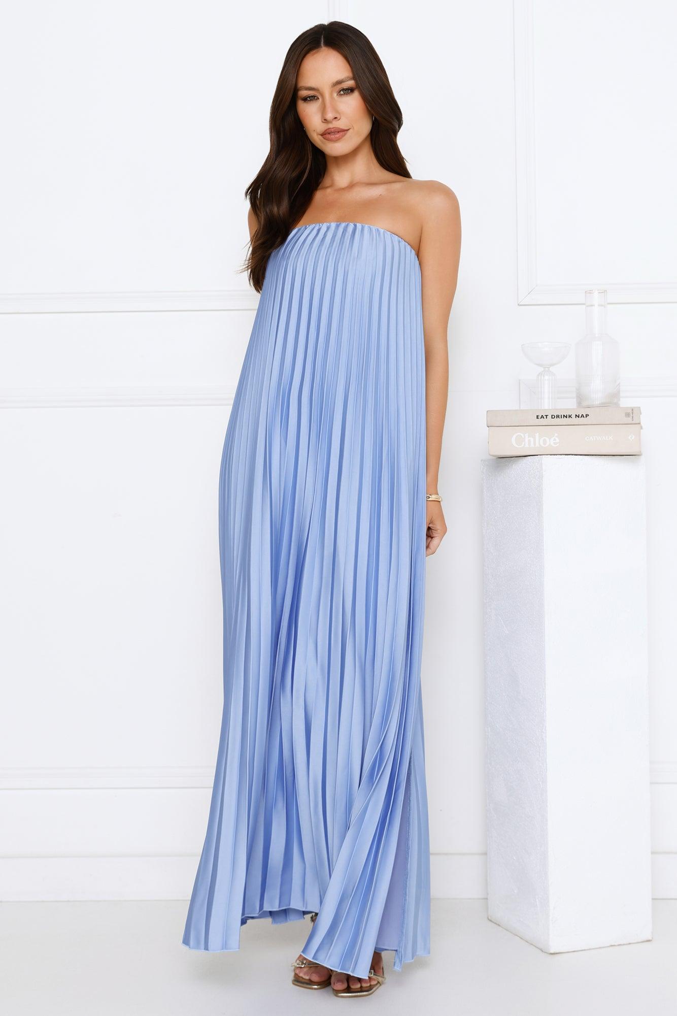 Moonlit Night Pleated Strapless Maxi Dress Blue Product Image