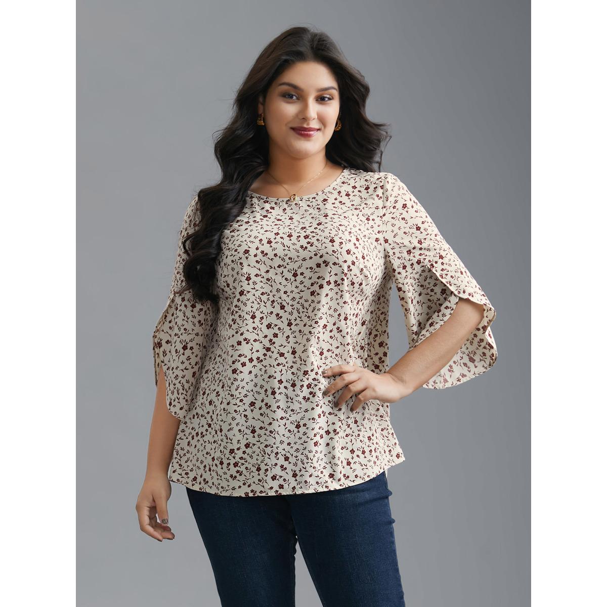 Plus Size Beige Crew Neck Ditsy Floral Bell Sleeve Blouse Women Elegant Elbow-length sleeve Round Neck Everyday Blouses BloomChic 12/L Product Image