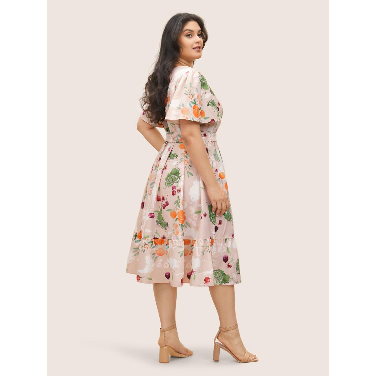Plus Size Citrus Fruits Print Elastic Waist Belted Pocket Dress Apricot Women Elegant Non V-neck Short sleeve Curvy Midi Dress BloomChic 28/5X Product Image