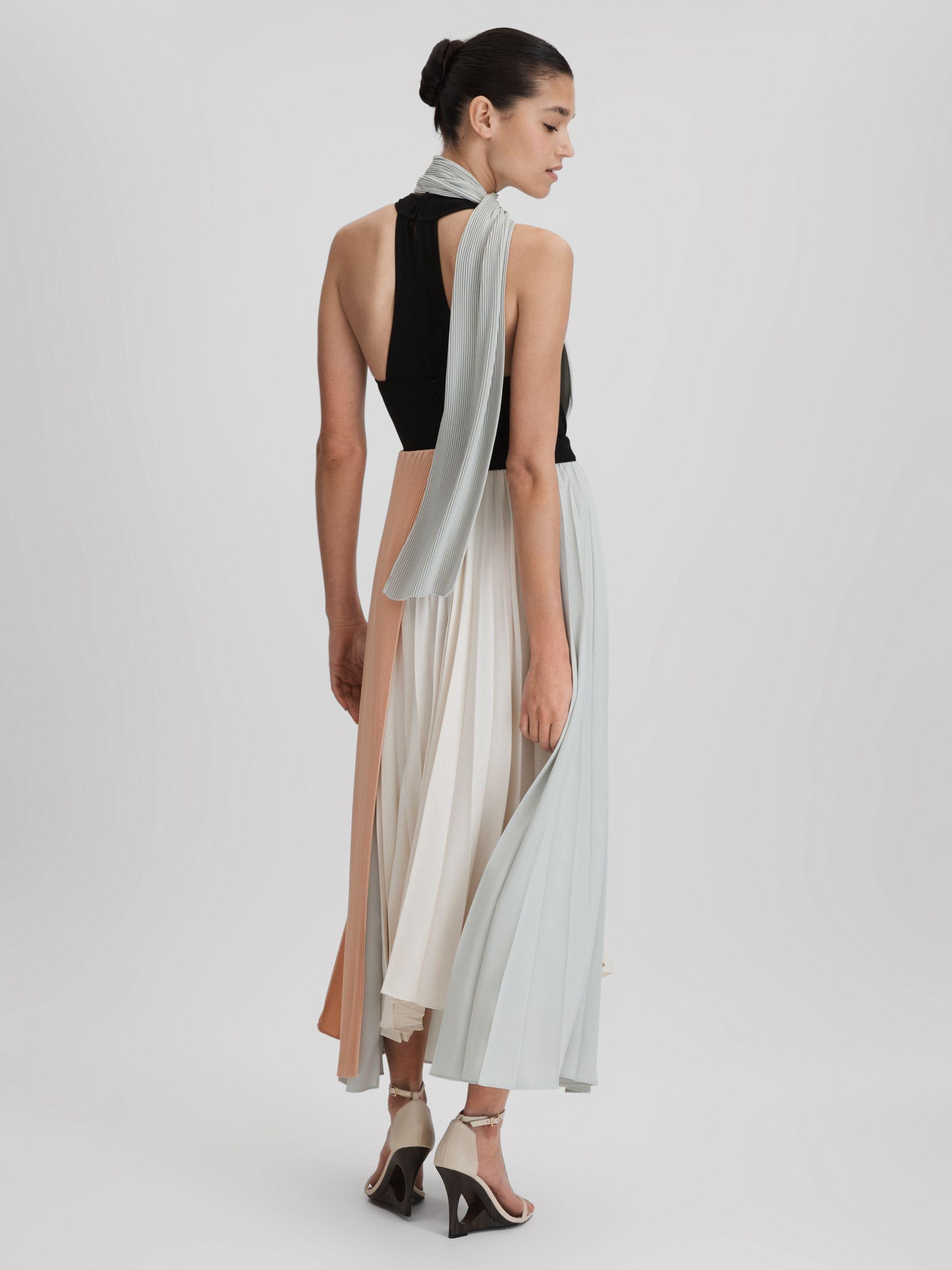 Pleated Asymmetric Midi Dress in Pink/Cream Product Image