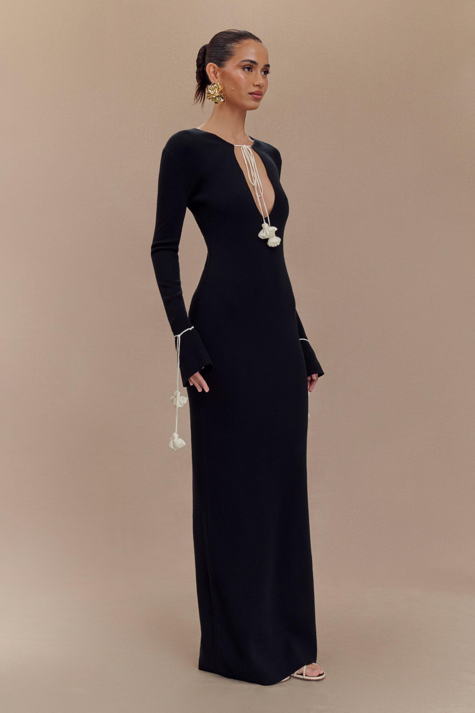 Erica Knit Maxi Dress With Floral Ties - Black And White Product Image