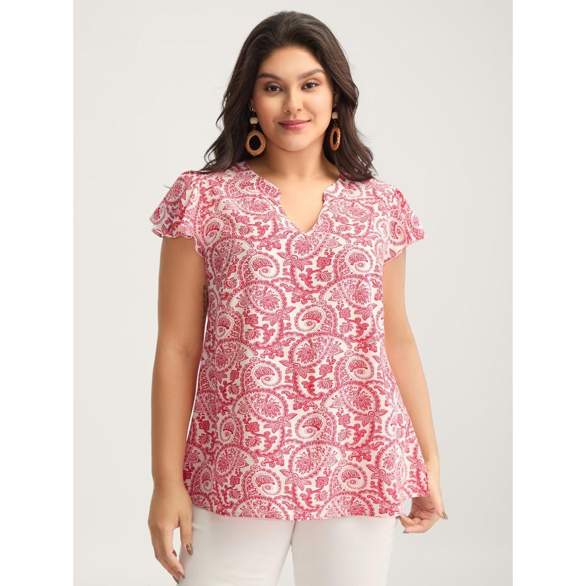 Plus Size Raspberry Paisley Print Notched Collar Blouse Women Cap Sleeve Flat collar with V-notch Vacation Blouses BloomChic 14-16/1X Product Image