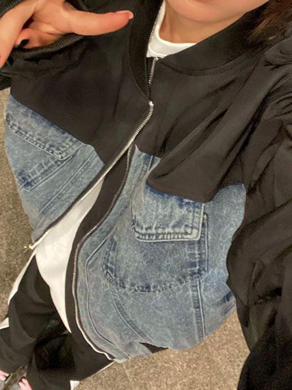 Denim Splice Bomber Jacket Product Image