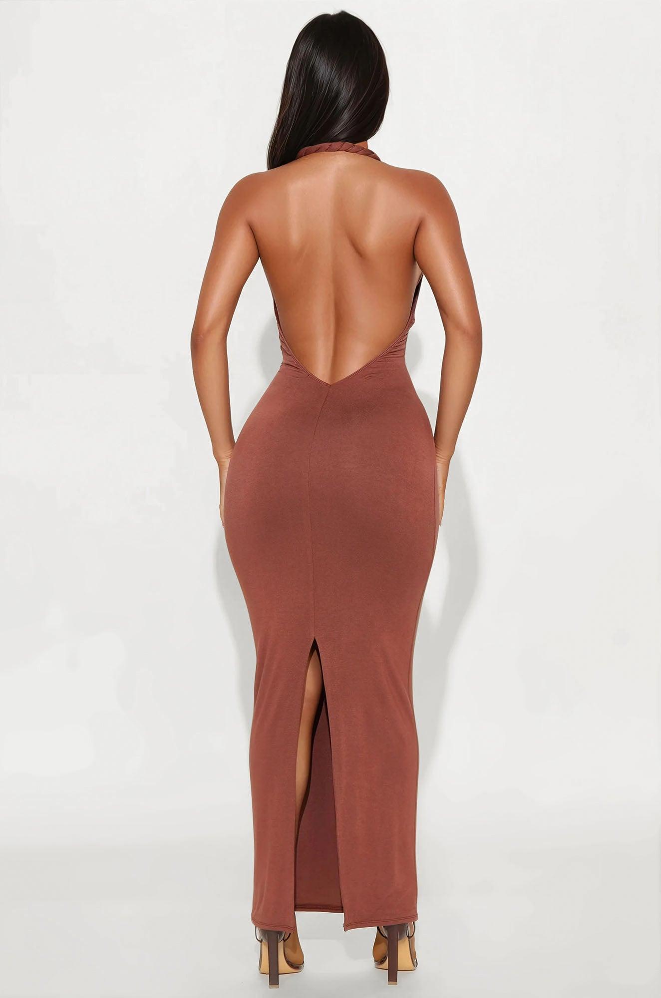 Nathalie Double Lined Backless Maxi Dress - Brown Product Image