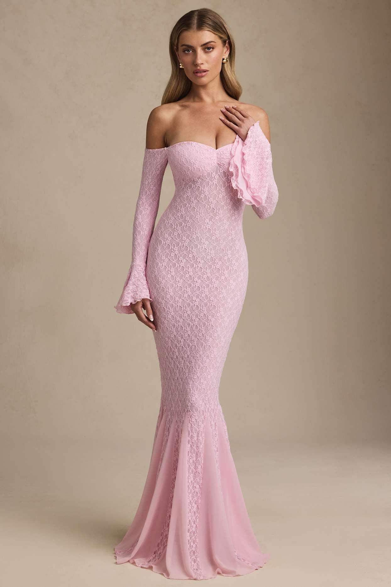 Off-Shoulder Ruffle Lace Maxi Dress in Soft Pink Product Image