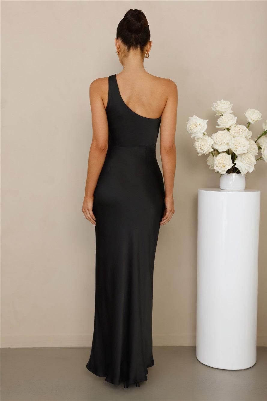 The Aurora One Shoulder Satin Maxi Dress Black Product Image