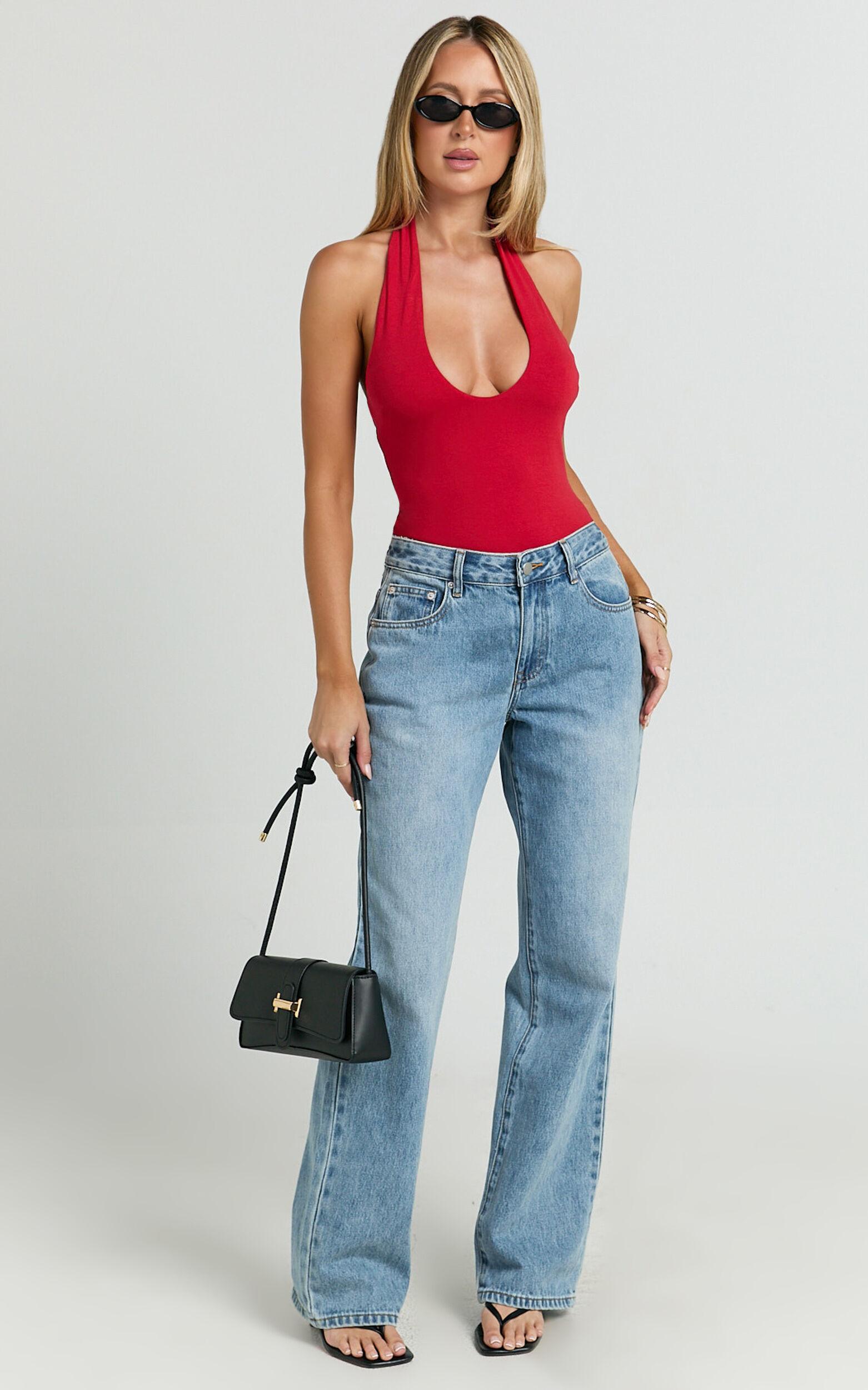 Suzanna Bodysuit - V Neck Halter Bodysuit in Red Product Image