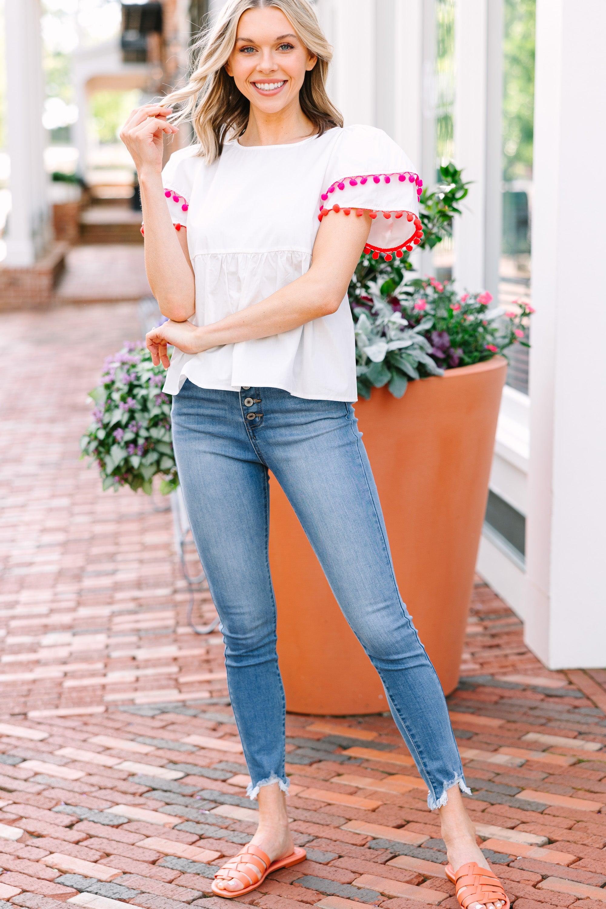 Festive Flare White Pompom Top Female Product Image