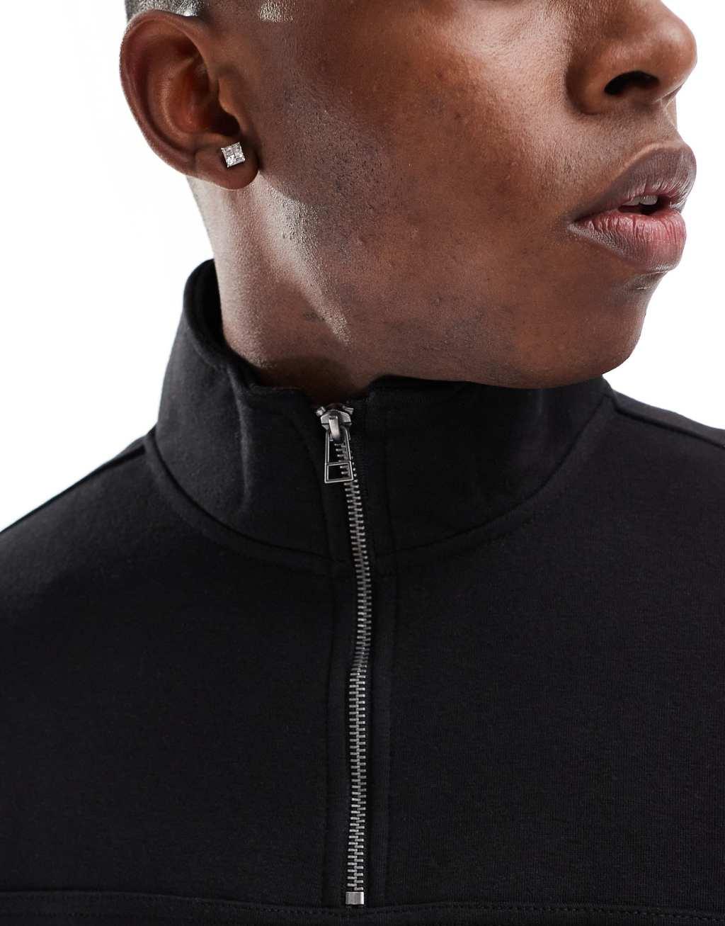 Pull&Bear quarter zip sweatshirt in black Product Image