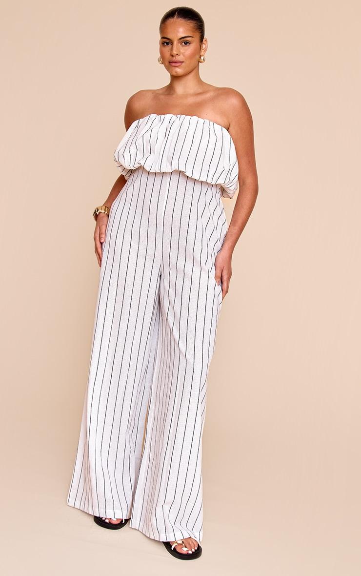 Plus Stone Stripe Textured Puffball Bandeau Straight Leg Jumpsuit Product Image